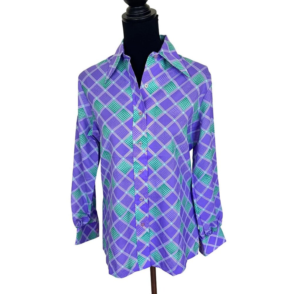 Vtg Womens Purple Blouse Large Checkered Long Sleeve Button Up Butterfly Collar